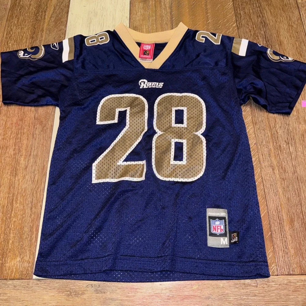 Reebok Marshall Faulk Rams Jersey Kids Medium Blue Excellent NFL 28